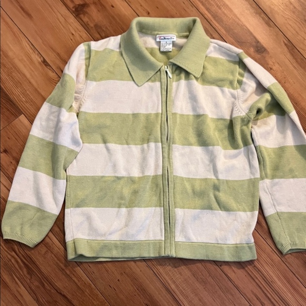 Talbots Lime Green and Cream Striped Collared Zip Front Sweater - Picture 7 of 7
